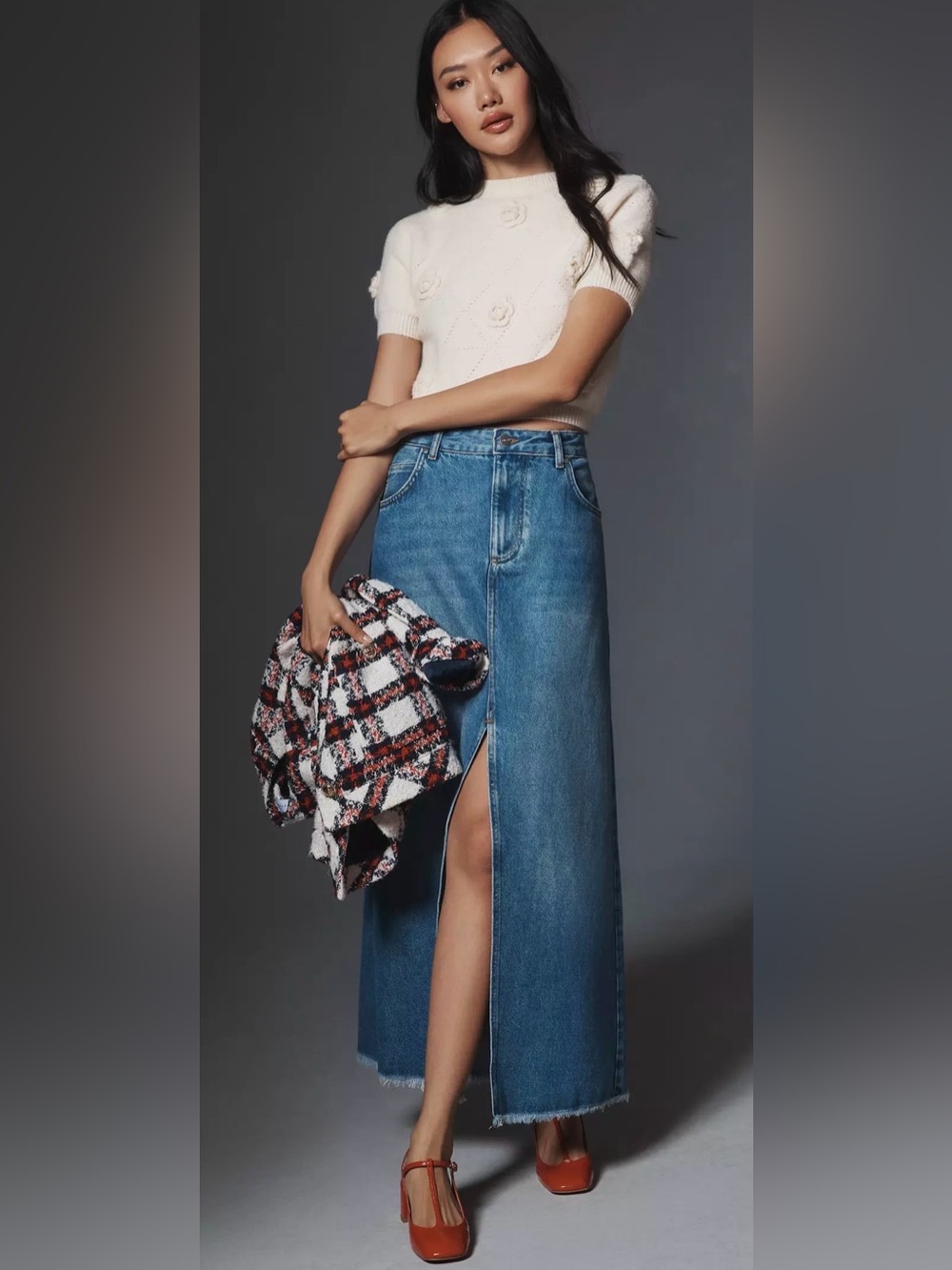 Anthropologie Denim Maxi 10 Blue Madi Front Slit Skirt A Line Raw Edge NWOT $158